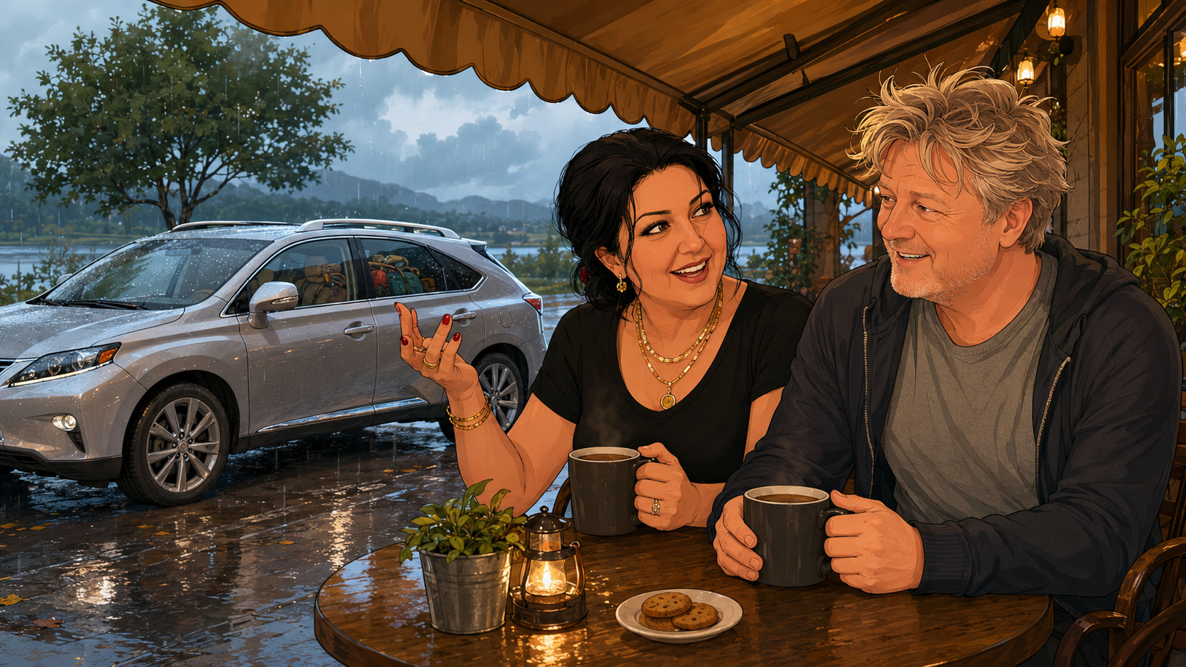 Hans en Hatice bij een wegcafé in de regen, met de Lexus op de achtergrond